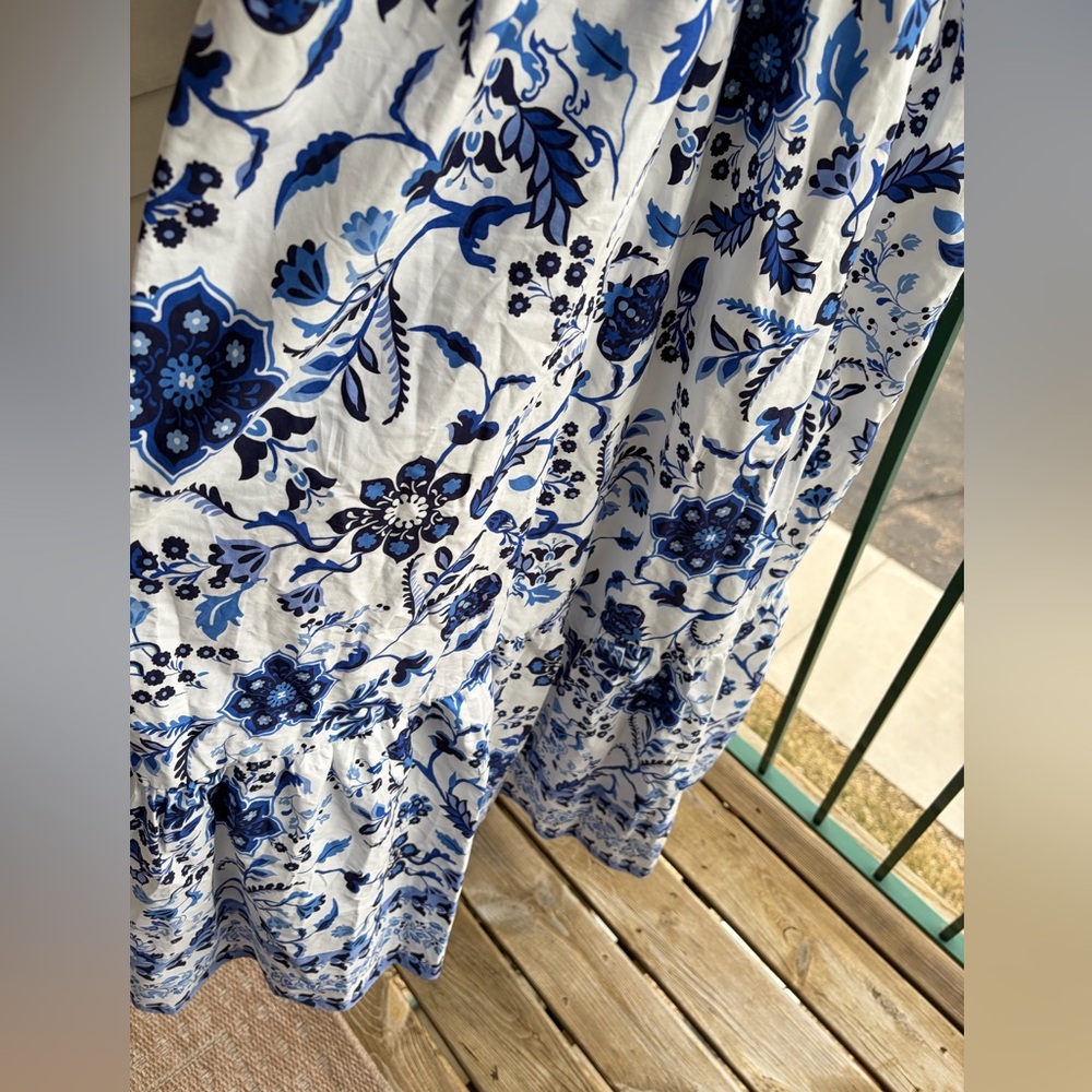 🆕🫐Adrianna Papell Blue White Floral Ruffle Midi Dress Waist Cottagecore 14 NWT - Picture 11 of 17